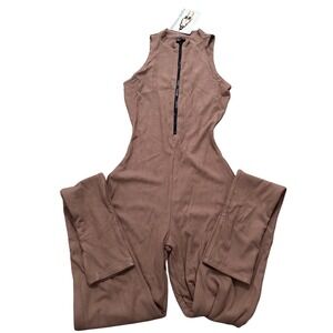 Naked Wardrobe Womens Ribbed Zip Front Sleeveless Jumpsuit Cocoa Small NWT